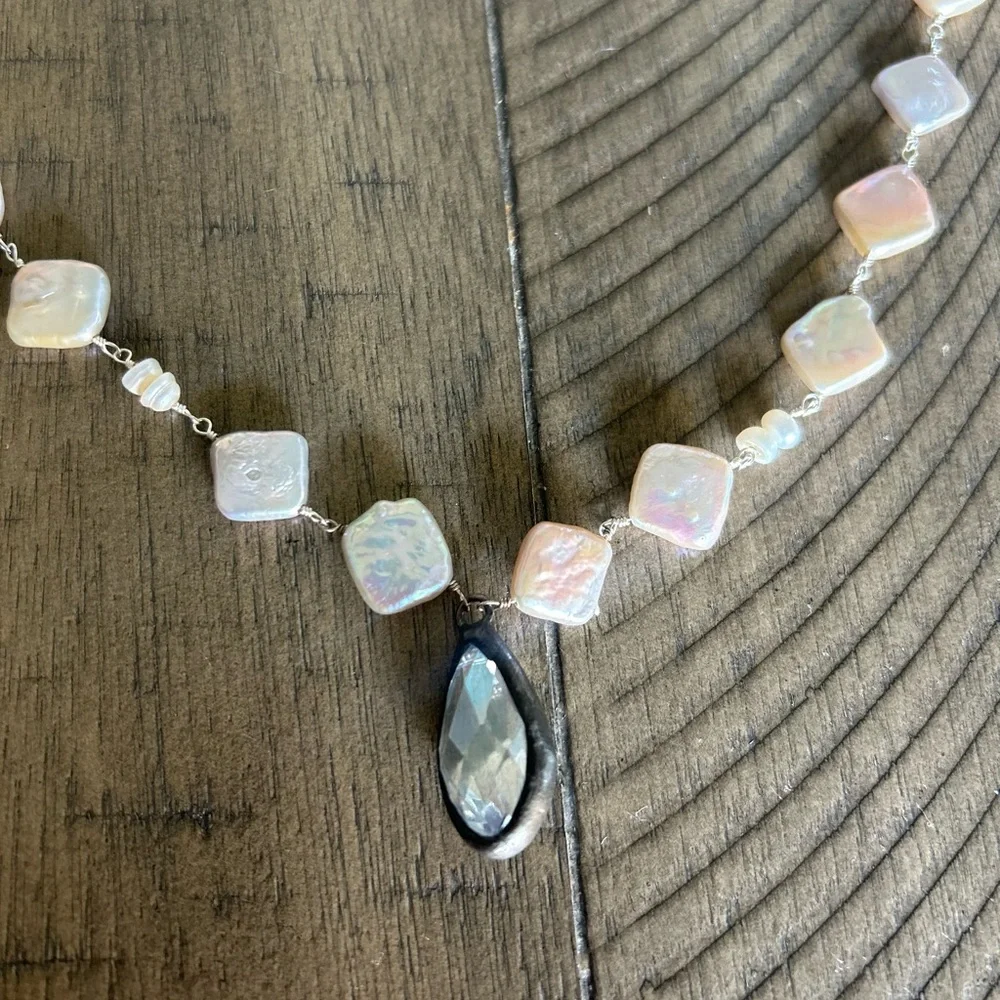 34" NECKLACE PEARL COLOR SQUARE PEARLS;  STERLING SILVER CRYSTAL CHARM; NEW - Picture 5 of 9